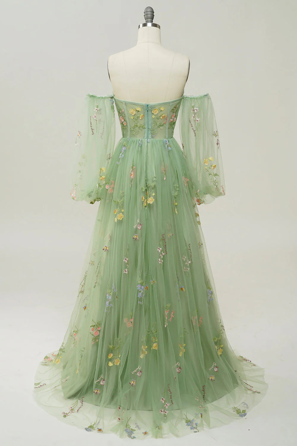 Amzcw Green A-Line Off The Shoulder Floor Length Dress With Embroidery