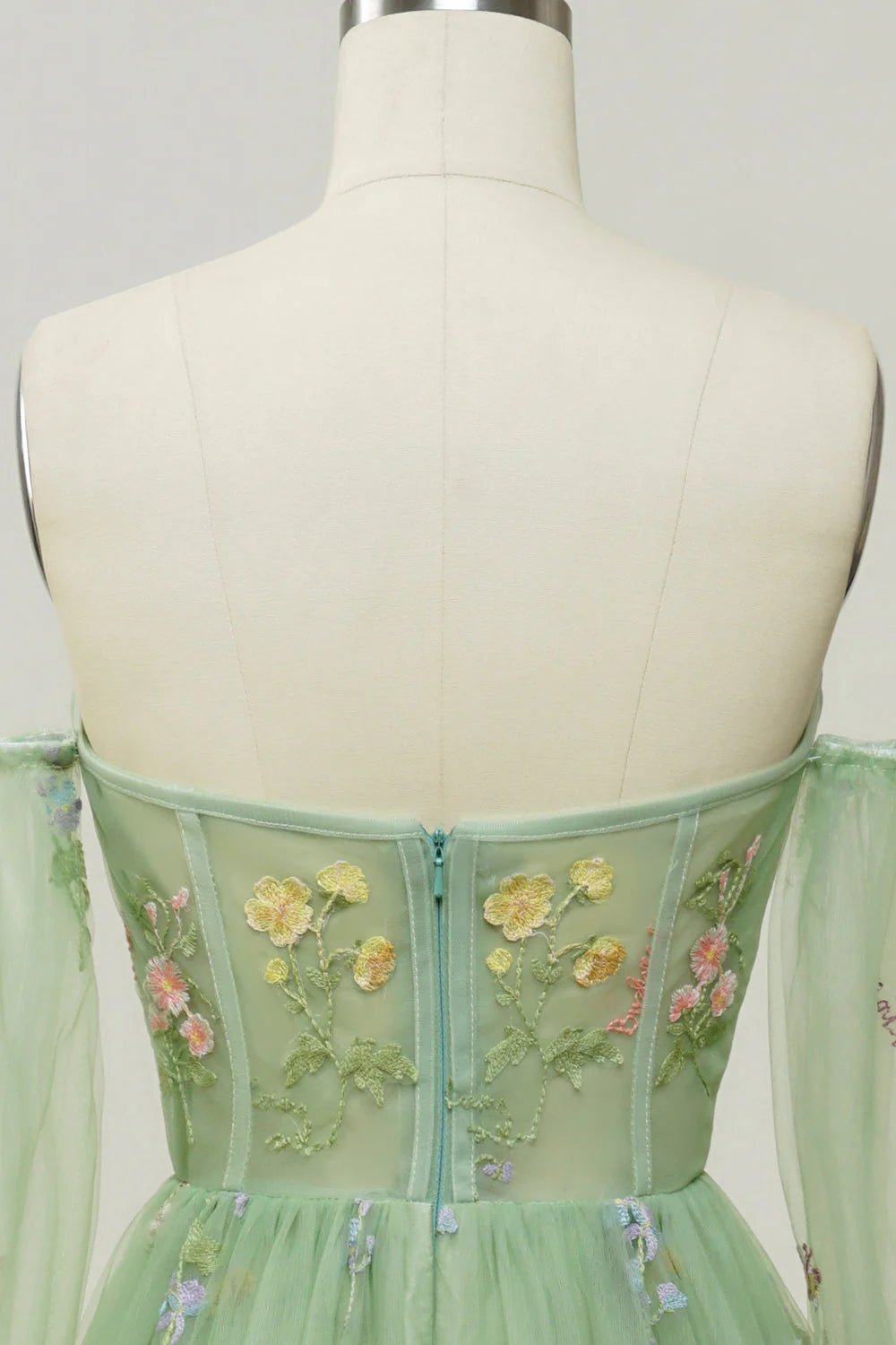 Amzcw Green A-Line Off The Shoulder Floor Length Dress With Embroidery