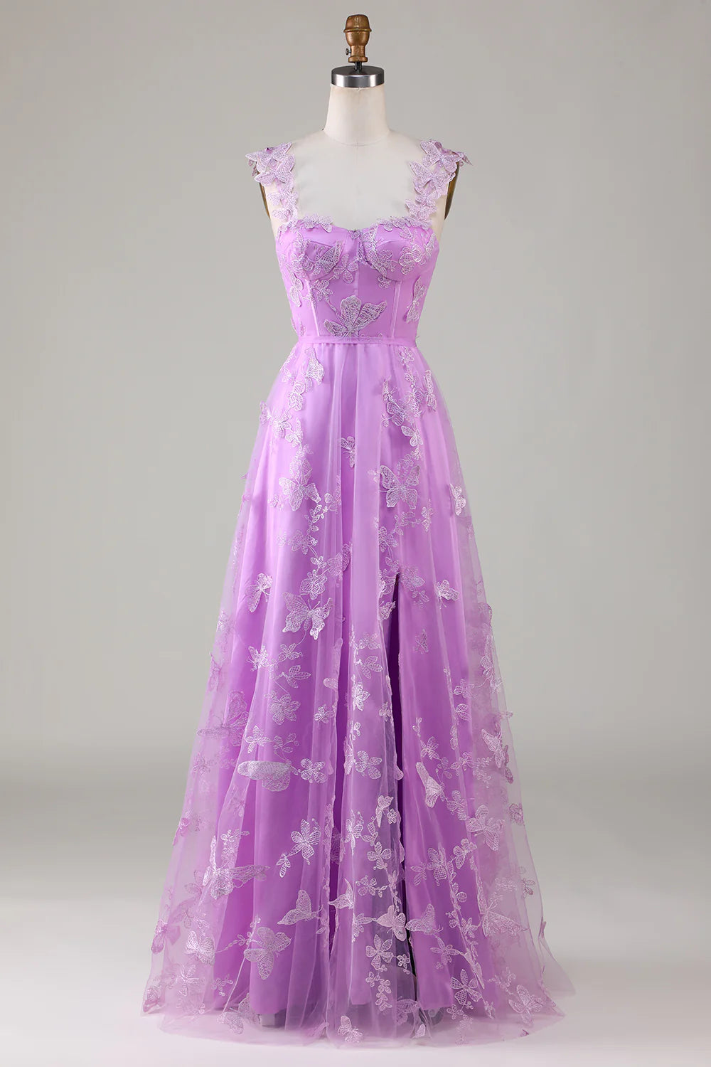 Vestido de fiesta largo de tul con corsé morado y mariposas 3D de Amzcw 