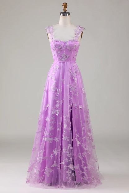 Vestido de fiesta largo de tul con corsé morado y mariposas 3D de Amzcw 