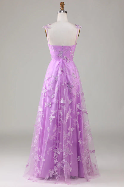 Vestido de fiesta largo de tul con corsé morado y mariposas 3D de Amzcw 