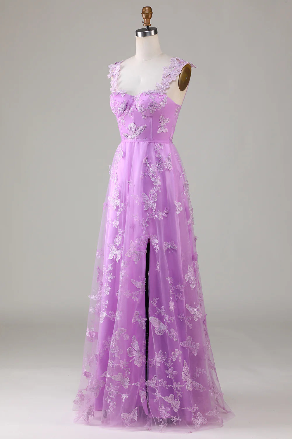 Vestido de fiesta largo de tul con corsé morado y mariposas 3D de Amzcw 