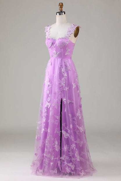 Vestido de fiesta largo de tul con corsé morado y mariposas 3D de Amzcw 