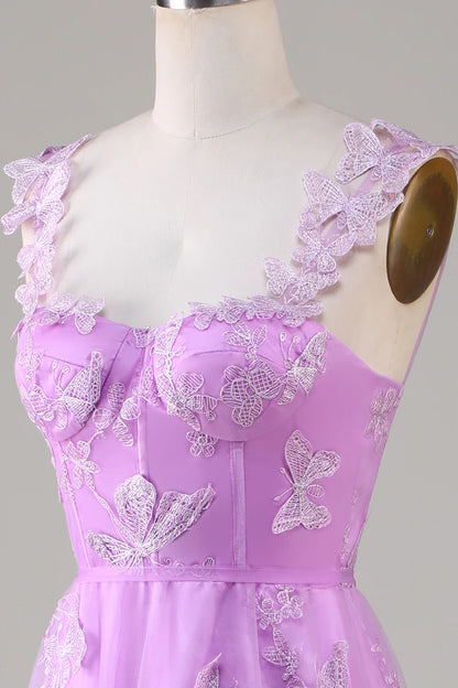 Vestido de fiesta largo de tul con corsé morado y mariposas 3D de Amzcw 