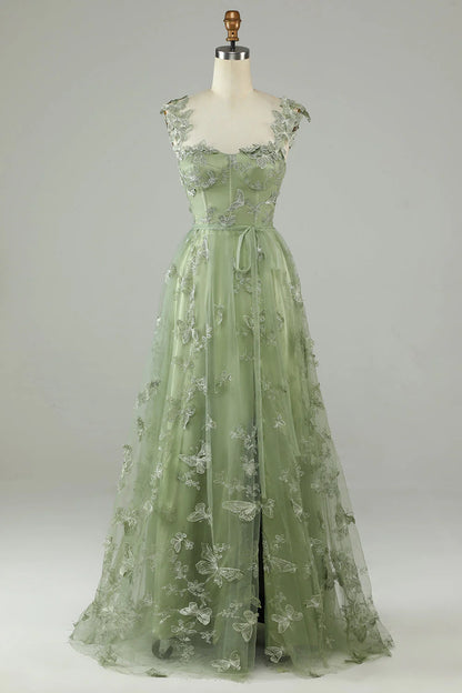 Amzcw Green A Line Square Neck Corset Prom Dress with 3D Butterflies