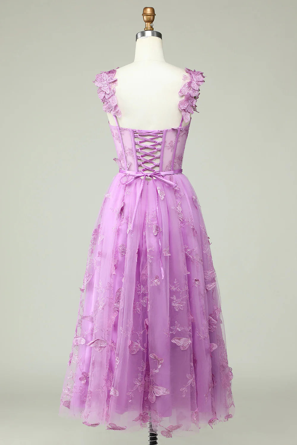 Vestido de fiesta morado con apliques de mariposas y corte en A de Amzcw 