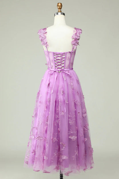 Vestido de fiesta morado con apliques de mariposas y corte en A de Amzcw 