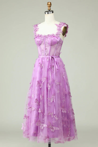 Vestido de fiesta morado con apliques de mariposas y corte en A de Amzcw 