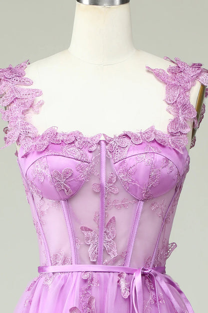 Vestido de fiesta morado con apliques de mariposas y corte en A de Amzcw 