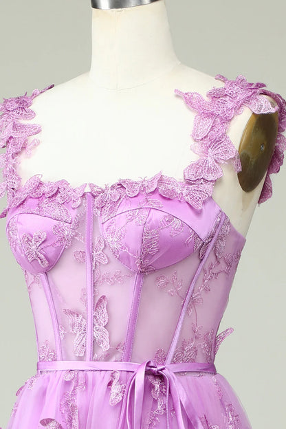 Vestido de fiesta morado con apliques de mariposas y corte en A de Amzcw 