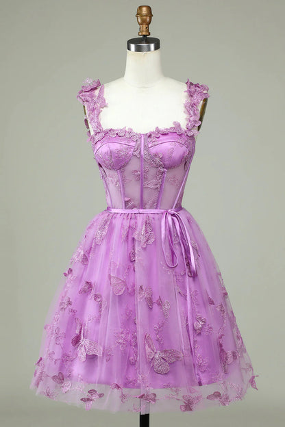 Amzcw Cute Purple A Line Corset Short Homecoming Dress with Appliques