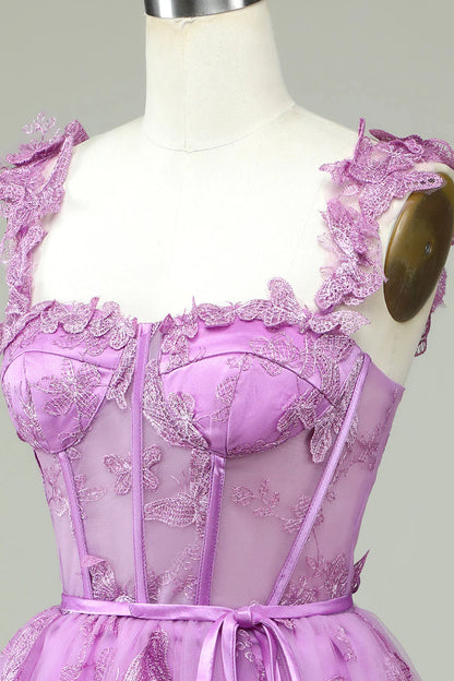 Amzcw Cute Purple A Line Corset Short Homecoming Dress with Appliques