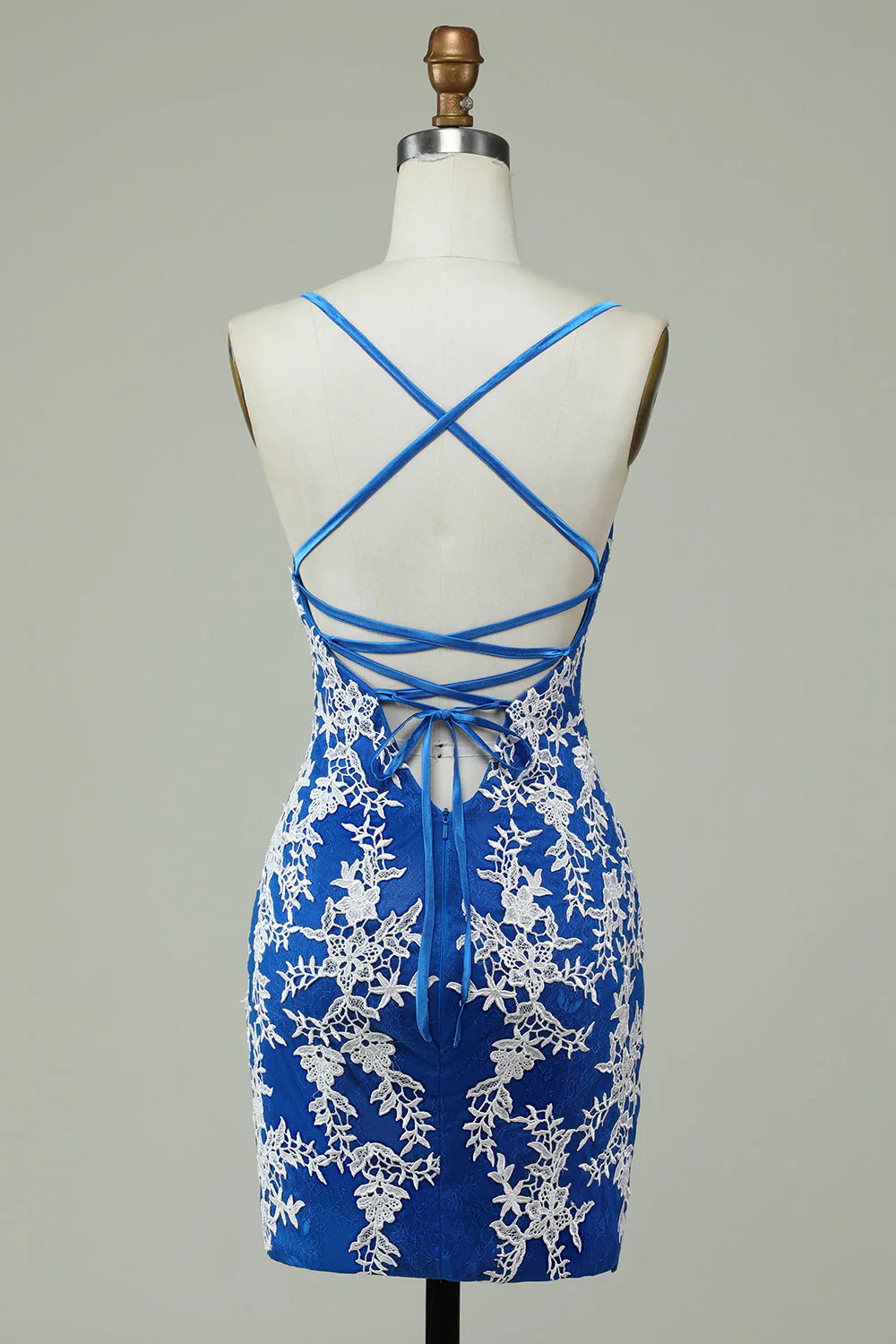 Amzcw Spaghetti Straps Blue Sheath Homecoming Dress With Appliques