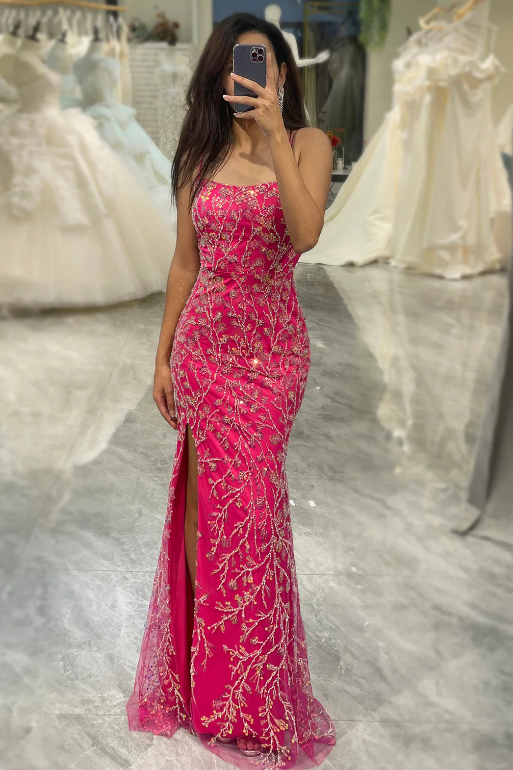 Amzcw Sparkly Fuchsia Mermaid Long Sequins Prom Dress With Slit prom dresses with long sleeves