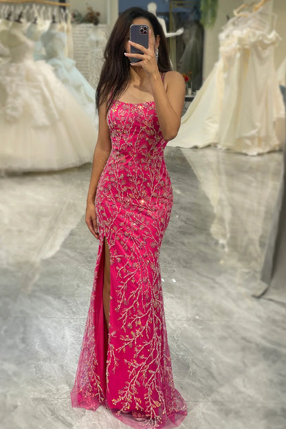 Amzcw Sparkly Fuchsia Mermaid Long Sequins Prom Dress With Slit prom dresses with long sleeves