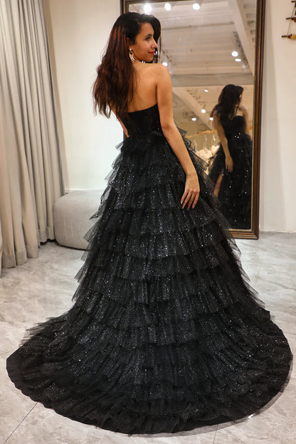 Amzcw Sparkly Black A Line Long Corset Tiered Tulle Prom Dress With Slit