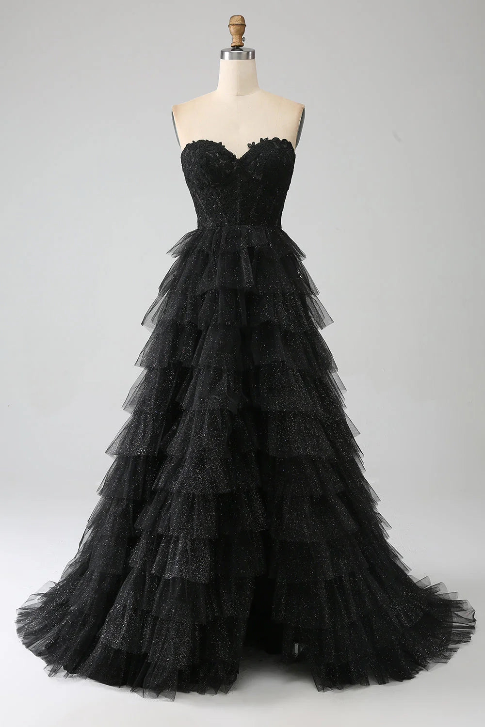 Amzcw Glitter A-Line Sweetheart Tiered Tulle Corset Long Black Prom Dress with Slit