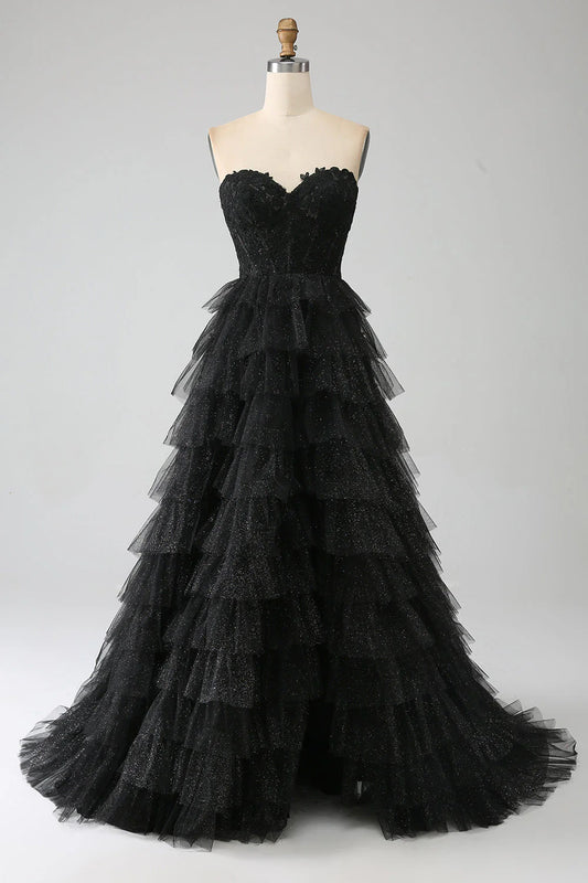 Amzcw Glitter A-Line Sweetheart Tiered Tulle Corset Long Black Prom Dress with Slit