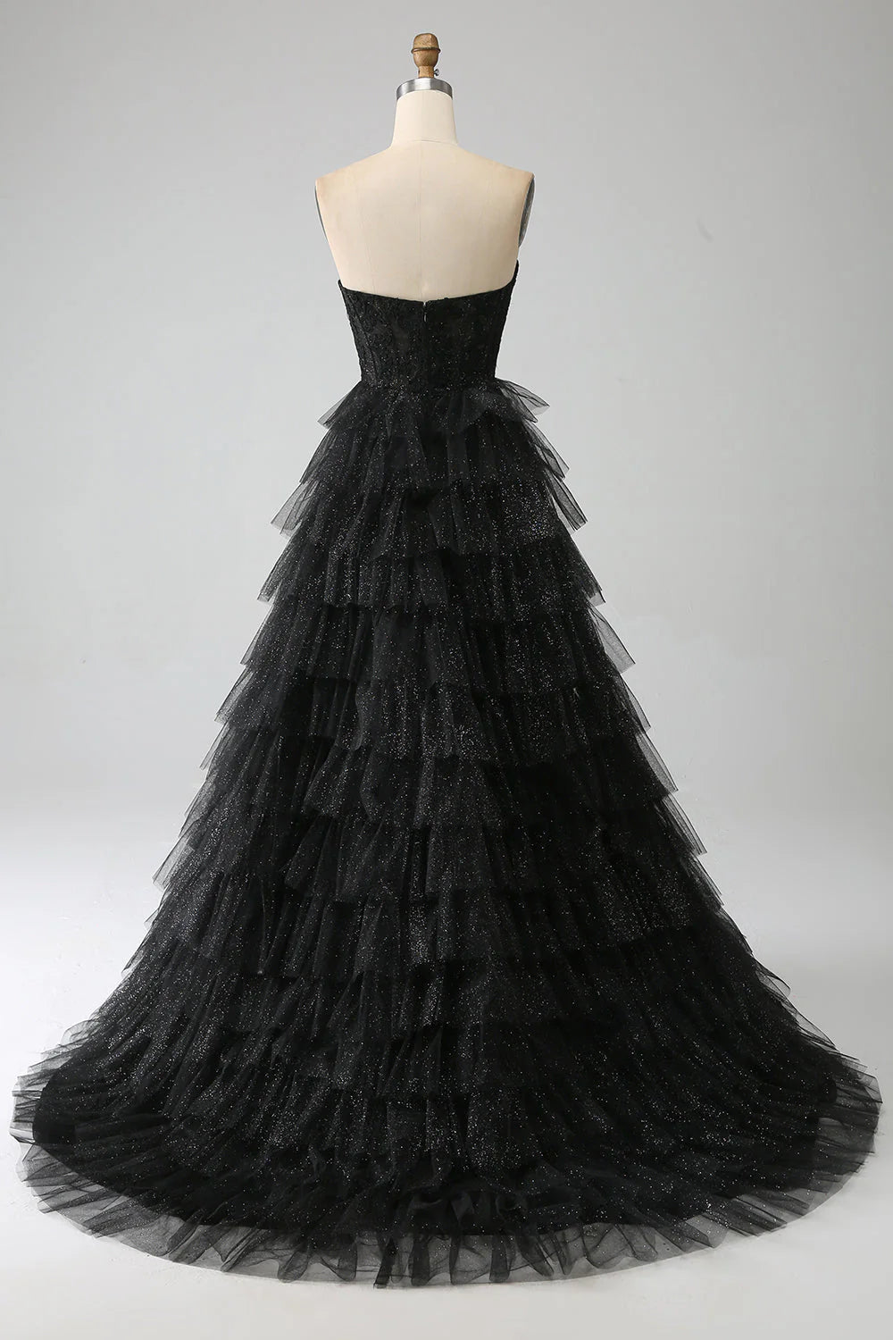 Amzcw Glitter A-Line Sweetheart Tiered Tulle Corset Long Black Prom Dress with Slit