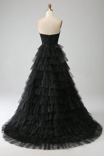 Amzcw Glitter A-Line Sweetheart Tiered Tulle Corset Long Black Prom Dress with Slit