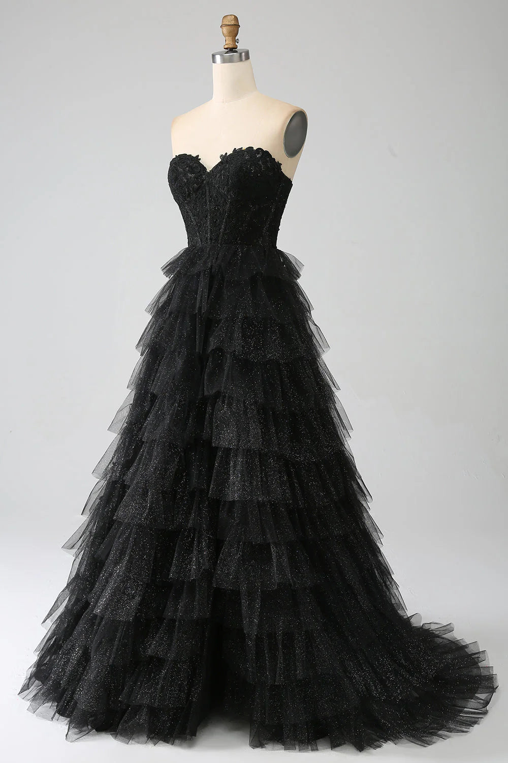 Amzcw Glitter A-Line Sweetheart Tiered Tulle Corset Long Black Prom Dress with Slit