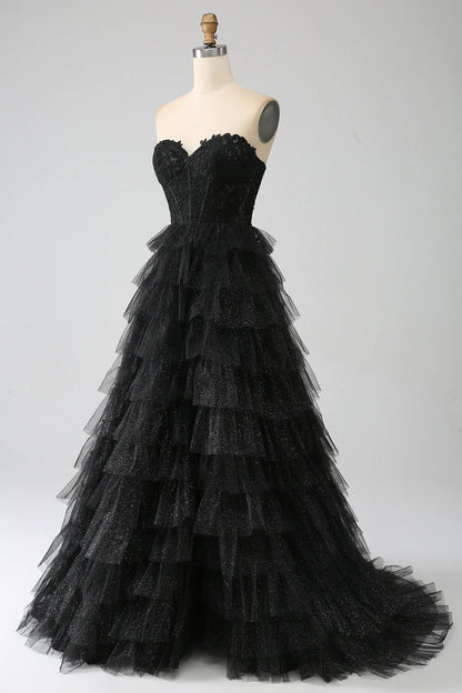 Amzcw Glitter A-Line Sweetheart Tiered Tulle Corset Long Black Prom Dress with Slit