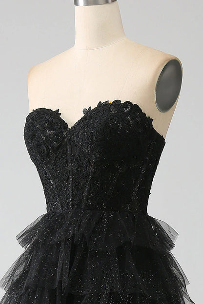 Amzcw Glitter A-Line Sweetheart Tiered Tulle Corset Long Black Prom Dress with Slit