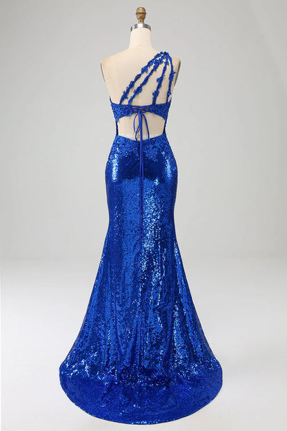 Amzcw Royal Blue Mermaid One Shoulder Long Hollow-out Prom Dress with Slit prom dresses shops