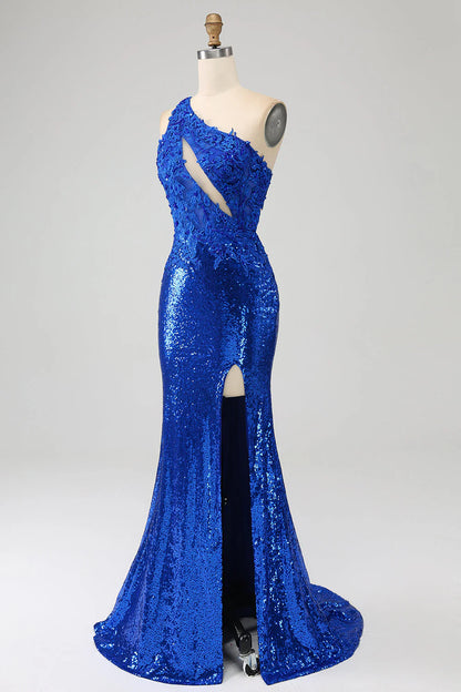 Amzcw Royal Blue Mermaid One Shoulder Long Hollow-out Prom Dress with Slit prom dresses shops