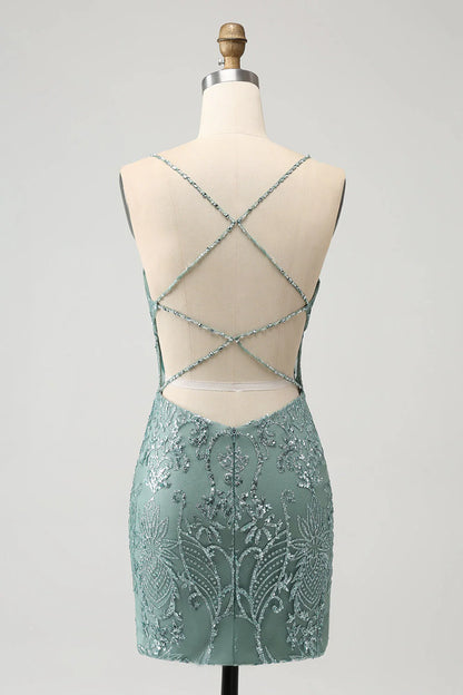 Amzcw Green Bodycon Beaded Backless Short Homecoming Dress with Criss Cross Back