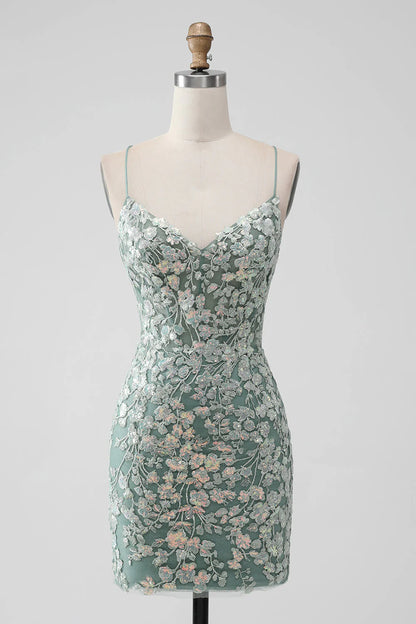 Amzcw Grey Green Bodycon Lace-up Back Short Homecoming Dress with Sequin Appliqued