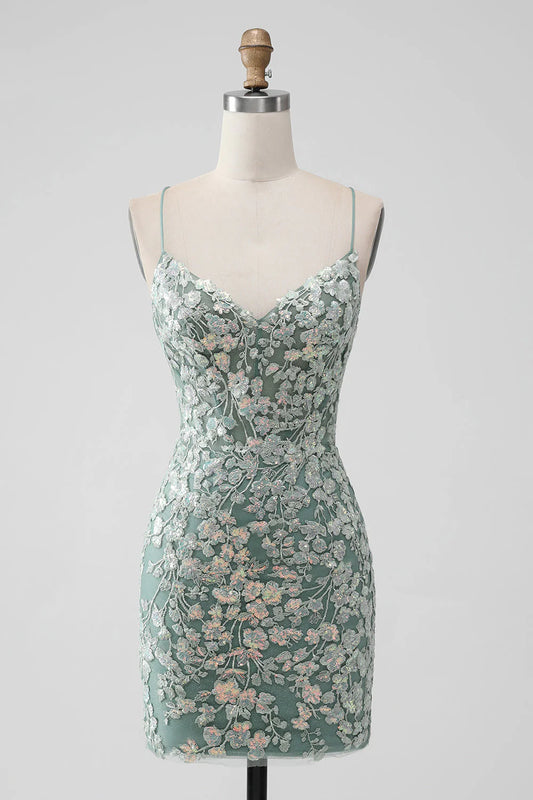 Amzcw Grey Green Bodycon Lace-up Back Short Homecoming Dress with Sequin Appliqued