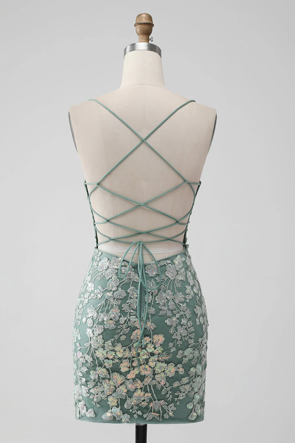 Amzcw Grey Green Bodycon Lace-up Back Short Homecoming Dress with Sequin Appliqued