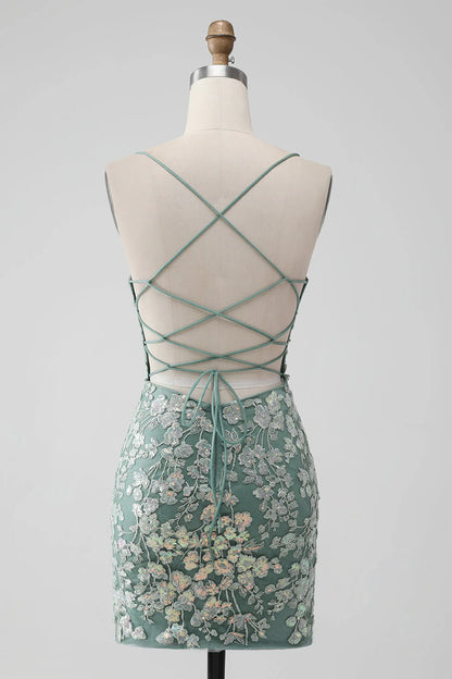 Amzcw Grey Green Bodycon Lace-up Back Short Homecoming Dress with Sequin Appliqued