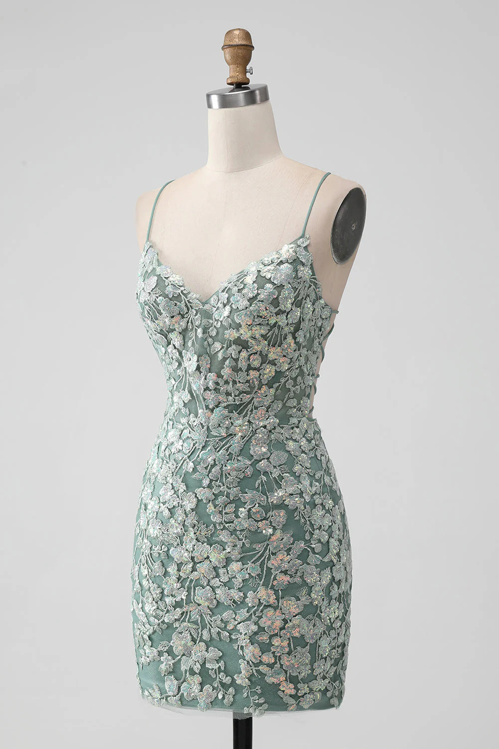 Amzcw Grey Green Bodycon Lace-up Back Short Homecoming Dress with Sequin Appliqued