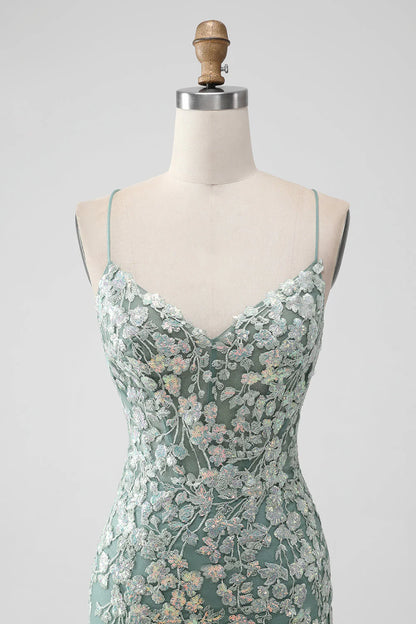 Amzcw Grey Green Bodycon Lace-up Back Short Homecoming Dress with Sequin Appliqued