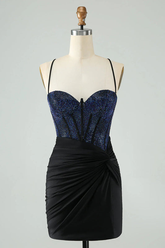 Amzcw Glitter Black Spaghetti Straps Ruched Corset Tight Homecoming Dress with Beading