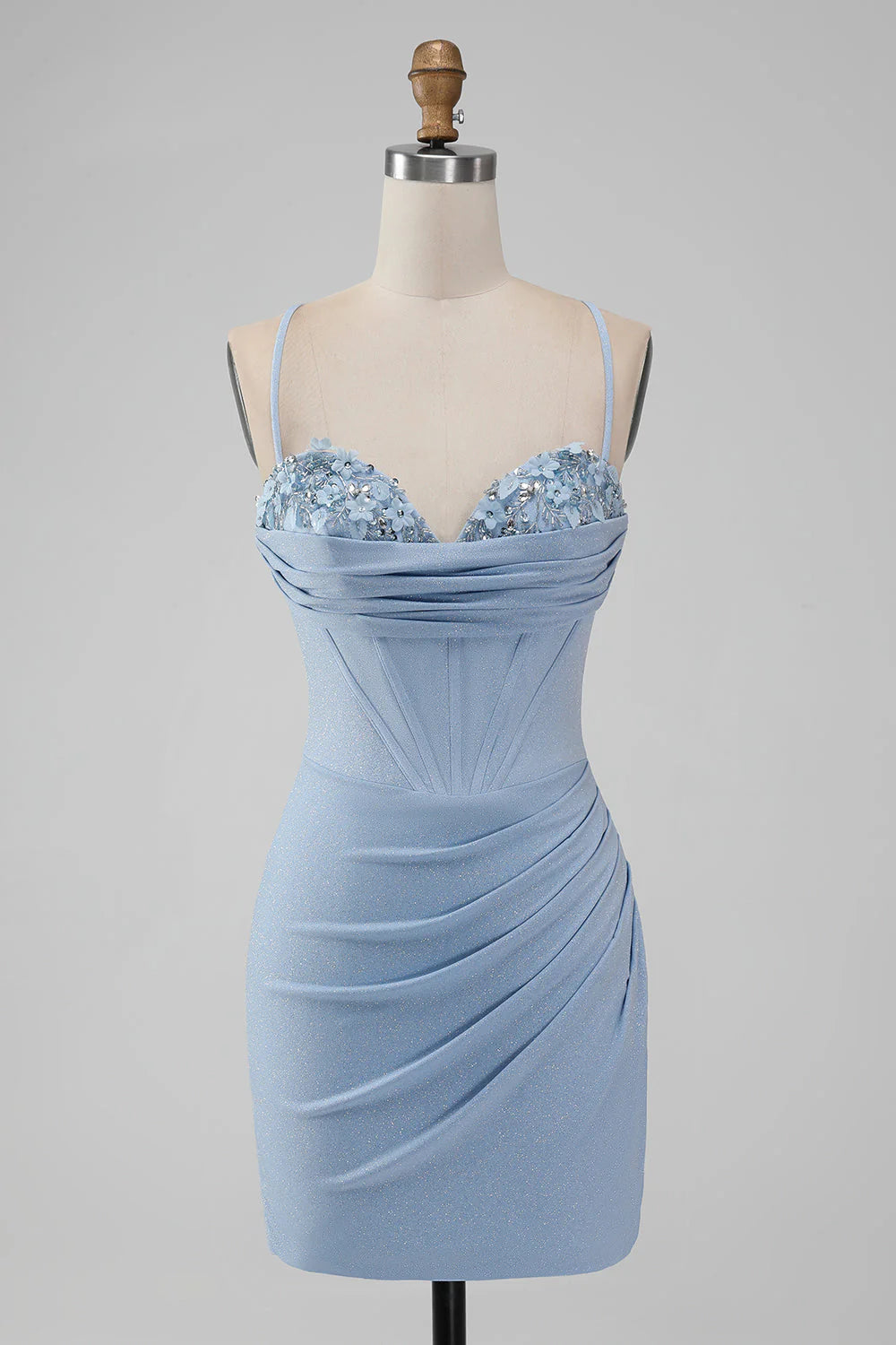 Amzcw Light Blue Bodycon Spaghetti Straps Corset Short Homecoming Dress