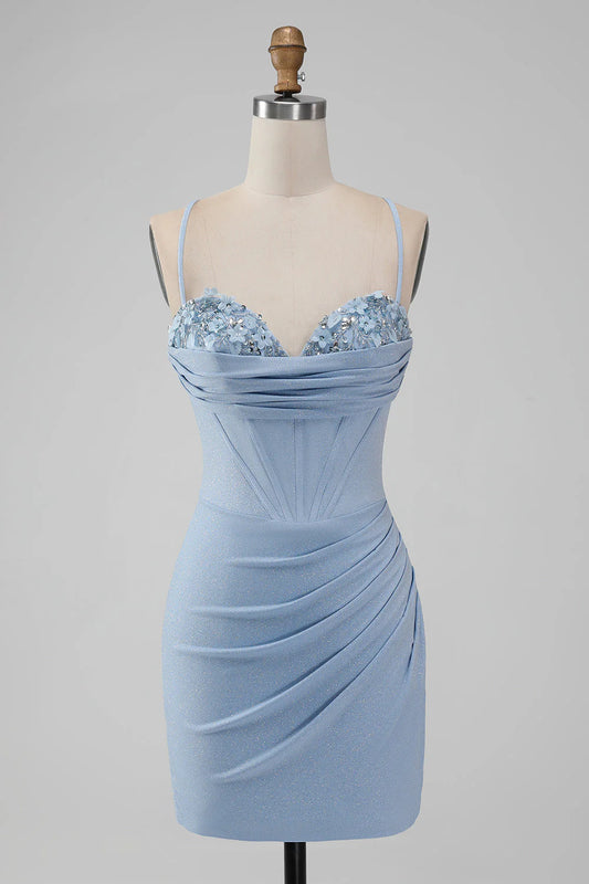 Amzcw Light Blue Bodycon Spaghetti Straps Corset Short Homecoming Dress