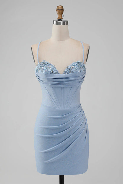 Amzcw Light Blue Bodycon Spaghetti Straps Corset Short Homecoming Dress