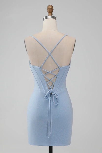 Amzcw Light Blue Bodycon Spaghetti Straps Corset Short Homecoming Dress