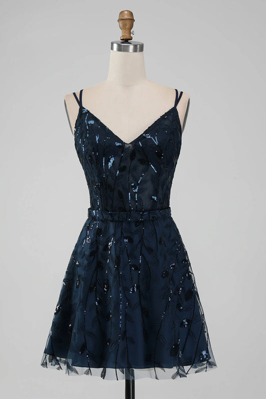 Amzcw Sparkly Navy A Line Spaghetti Straps Sequins Short Homecoming Dress