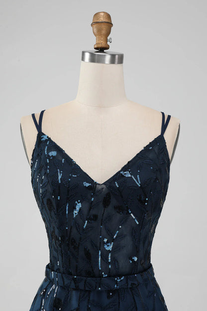 Amzcw Sparkly Navy A Line Spaghetti Straps Sequins Short Homecoming Dress