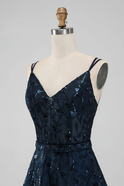 Amzcw Sparkly Navy A Line Spaghetti Straps Sequins Short Homecoming Dress