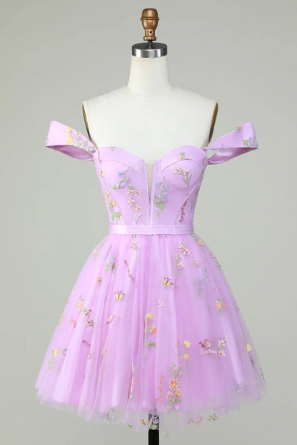Amzcw Cute A Line Sweetheart Purple Short Homecoming Dress with Embroidery