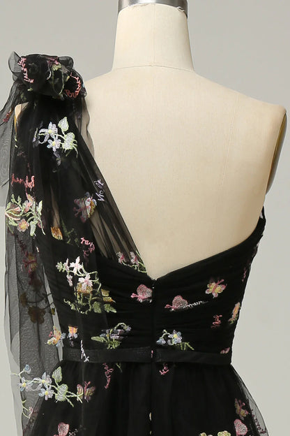 Amzcw Black A-Line One Shoulder Long Prom Dress With Embroidery prom dresses with long sleeves