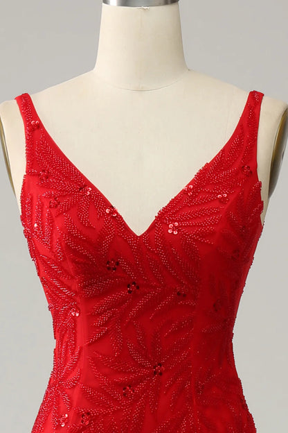 Vestido de fiesta largo rojo con escote en V y bordado de sirena 