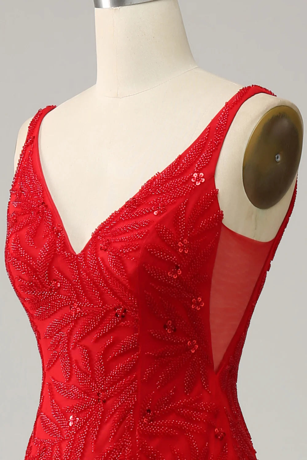 Vestido de fiesta largo rojo con escote en V y bordado de sirena 