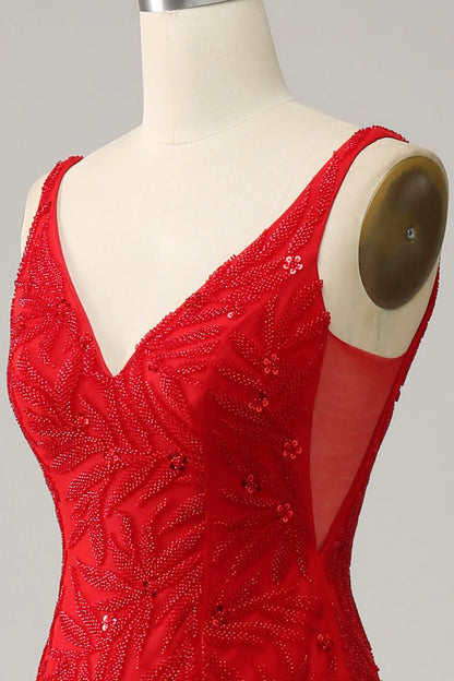 Vestido de fiesta largo rojo con escote en V y bordado de sirena 