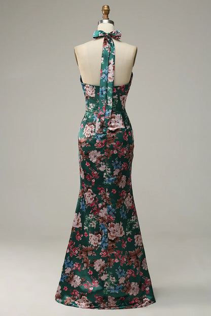 Vestido de fiesta de satén con cuello halter y estampado floral 